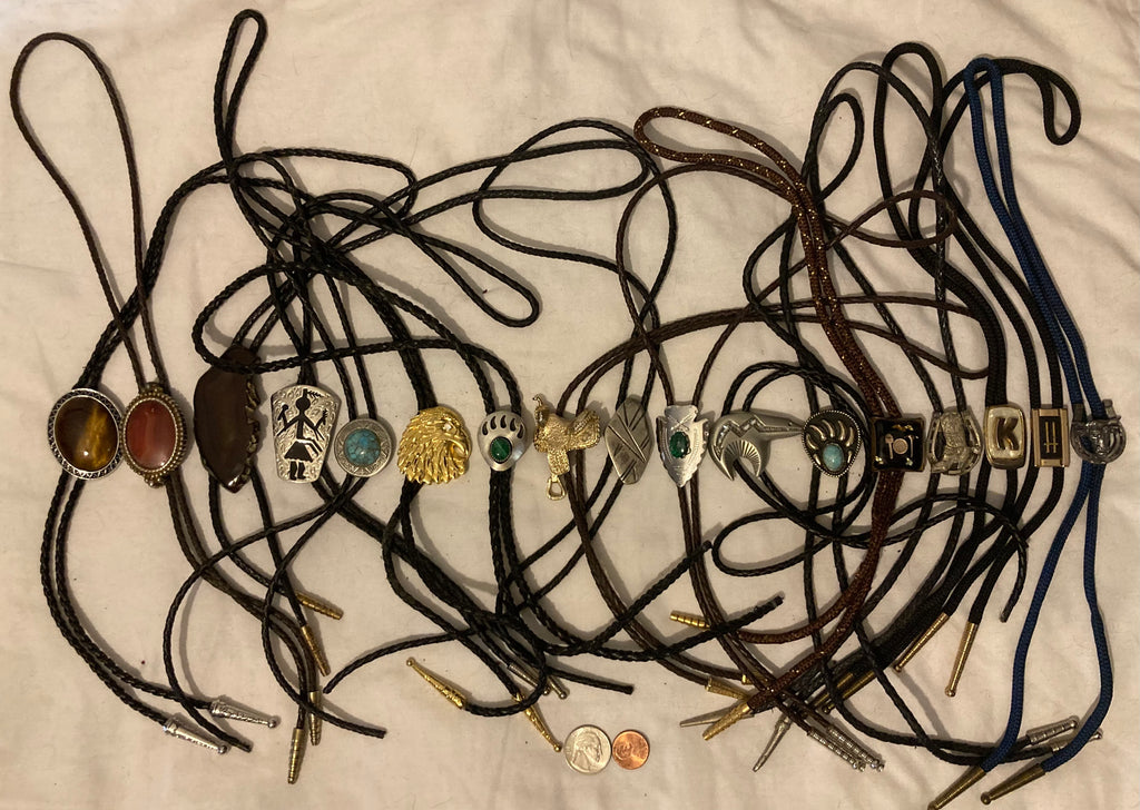 Vintage Lot of 17 Metal Bolo Ties, Nice Designs, Arrowhead, Bear Claws, Saddle, Turquoise