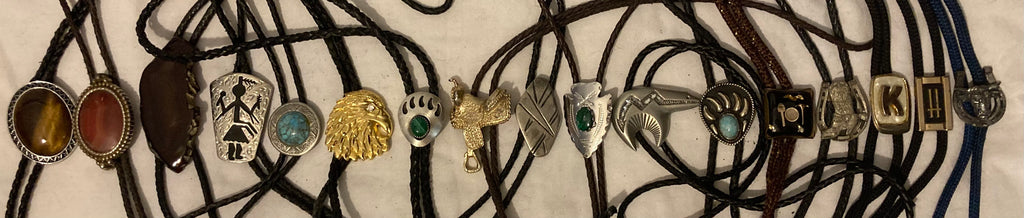 Vintage Lot of 17 Metal Bolo Ties, Nice Designs, Arrowhead, Bear Claws, Saddle, Turquoise
