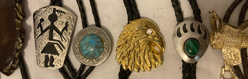 Vintage Lot of 17 Metal Bolo Ties, Nice Designs, Arrowhead, Bear Claws, Saddle, Turquoise