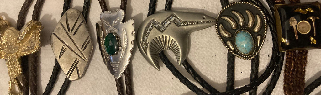 Vintage Lot of 17 Metal Bolo Ties, Nice Designs, Arrowhead, Bear Claws, Saddle, Turquoise