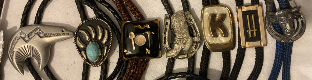 Vintage Lot of 17 Metal Bolo Ties, Nice Designs, Arrowhead, Bear Claws, Saddle, Turquoise