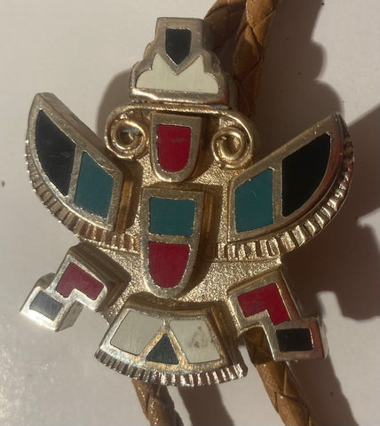 Vintage Metal Bolo Tie, Silver and Enamel, Native, Nice Design, Quality, Heavy Duty, 1 3/4" x 1 1/2", Made in USA, Country & Western, Cowboy, Western Wear, Horse, Apparel, Accessory, Tie, Nice Quality Fashion