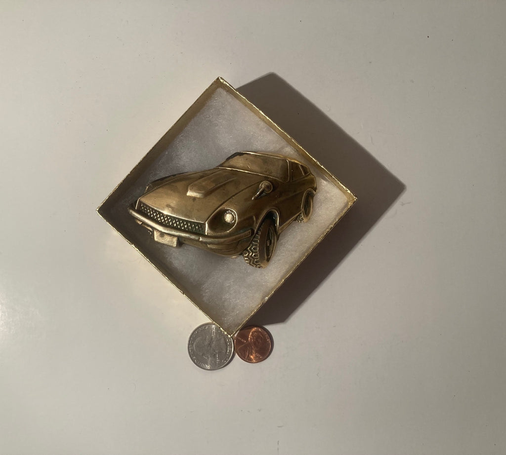 Vintage 1978 Metal Belt Buckle, Brass, Car, Automobile, 280Z, Coupe, Sports Car, Nice Western Design, 3 3/4" x 2 1/4", Quality, Made in USA, Country and Western, Heavy Duty, Fashion, Belts, Shelf Display, Collectible Belt Buckle