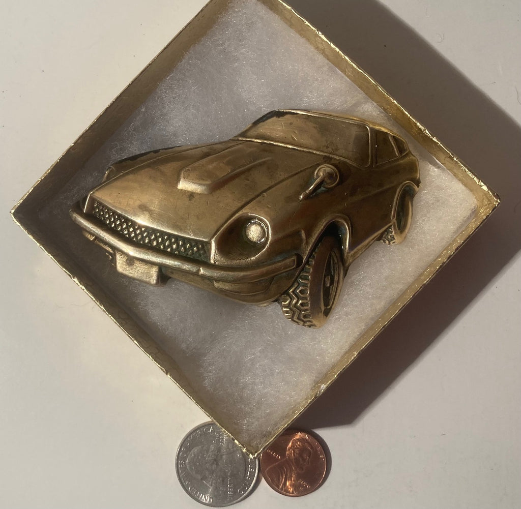 Vintage 1978 Metal Belt Buckle, Brass, Car, Automobile, 280Z, Coupe, Sports Car, Nice Western Design, 3 3/4" x 2 1/4", Quality, Made in USA, Country and Western, Heavy Duty, Fashion, Belts, Shelf Display, Collectible Belt Buckle