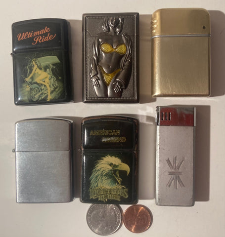 Lot of 6 Vintage Metal Lighters, Cigarettes, More, Bikini, Eagle.  This lighter or lighters do not light up when I play with it or them, I did not try any more than that.