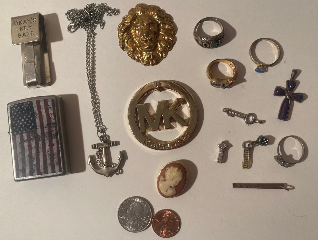 Grandpa's Junk Drawer, 14 Items, Vintage Rings, Money Clip, Zippo, MK, Little Sterling Silver Charms and Rings, More