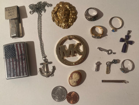 Grandpa's Junk Drawer, 14 Items, Vintage Rings, Money Clip, Zippo, MK, Little Sterling Silver Charms and Rings, More