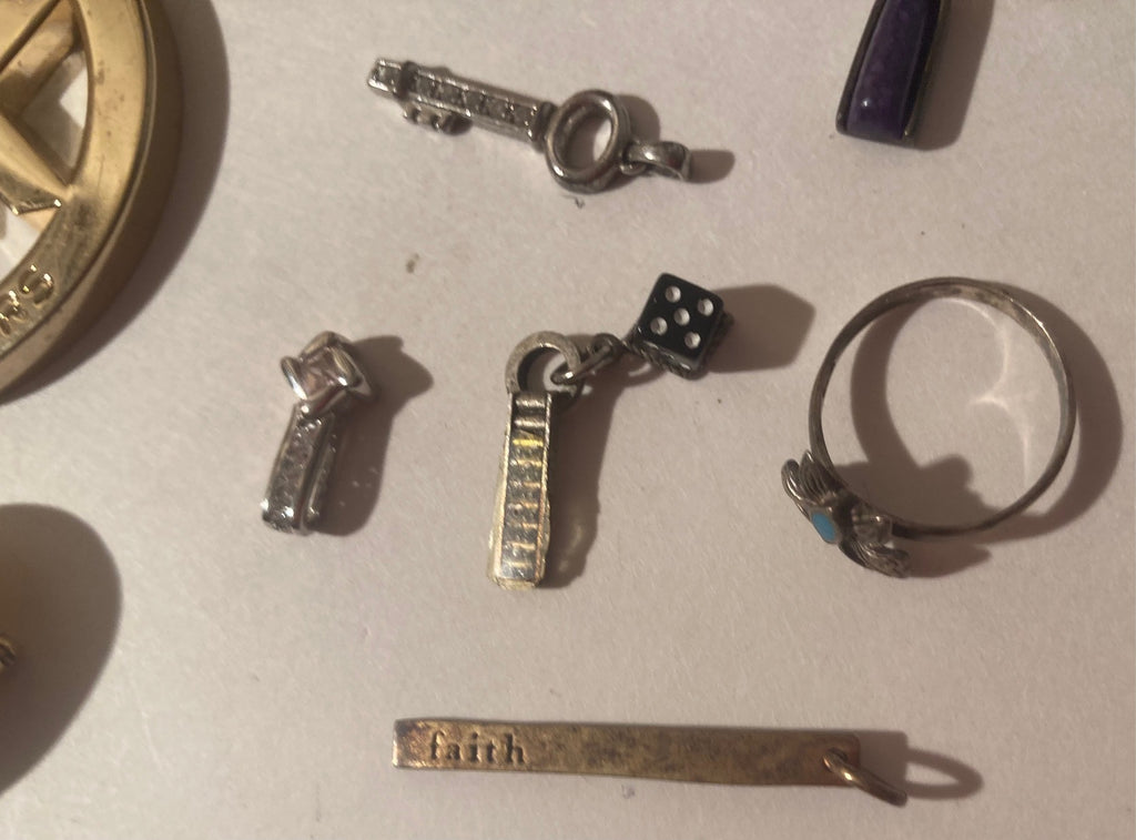 Grandpa's Junk Drawer, 14 Items, Vintage Rings, Money Clip, Zippo, MK, Little Sterling Silver Charms and Rings, More