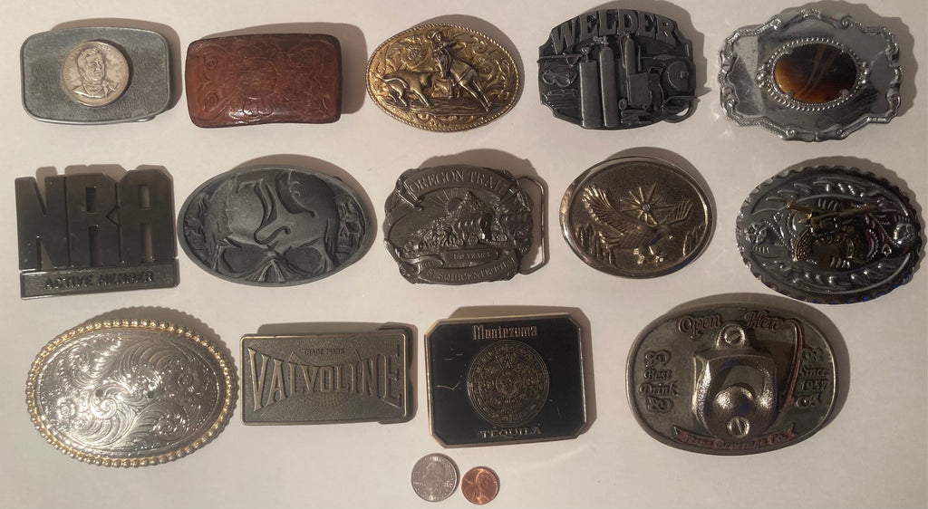 Vintage Lot of 14 Nice Western Style Belt Buckles, John Wayne, Bull Riding, Tequila, Rodeo, Country & Western, Art, Resell, Made in USA, For Belts, Fashion, Shelf Display, Nice Belt Buckles, Wholesale,