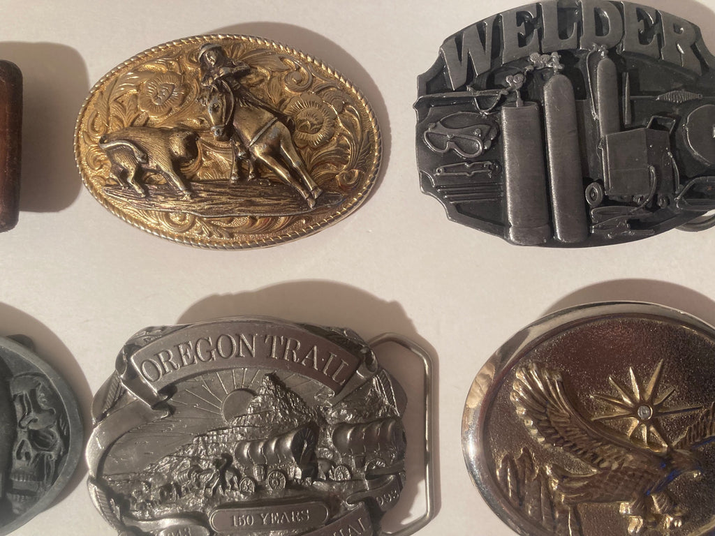 Vintage Lot of 14 Nice Western Style Belt Buckles, John Wayne, Bull Riding, Tequila, Rodeo, Country & Western, Art, Resell, Made in USA, For Belts, Fashion, Shelf Display, Nice Belt Buckles, Wholesale,