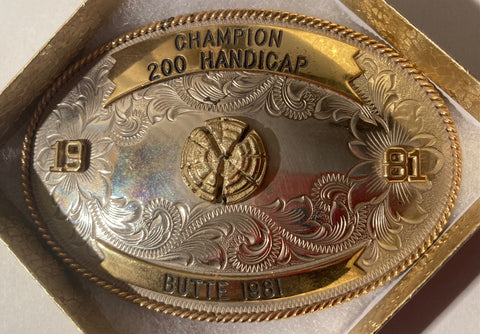 Vintage 1981 Metal Belt Buckle, Silver and Brass, 1981 Butte Champion, 200 Handicap