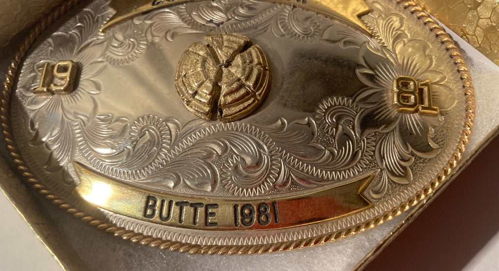 Vintage 1981 Metal Belt Buckle, Silver and Brass, 1981 Butte Champion, 200 Handicap