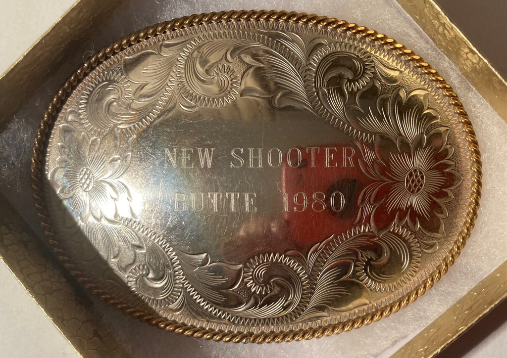 Vintage 1980 Metal Belt Buckle, Silver and Brass, New Shooter, Butte, Montana Silversmiths, Nice Design, 3 1/2" x 2 1/2", Heavy Duty, Quality, Thick Metal, Made in USA, For Belts, Fashion, Shelf Display, Western Wear, Southwest, Country, Fun, Nice