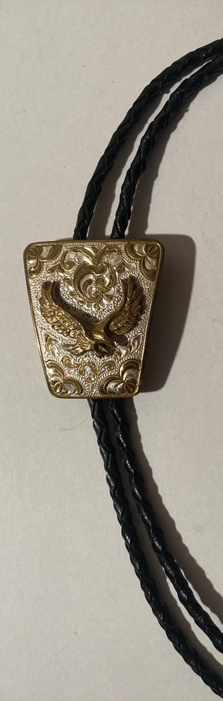 Vintage Metal Bolo Tie, Silver and Grass, Crumrine, Eagle, Nature, Nice Design, Quality, Heavy Duty, 1 3/4" x 1 1/2", Made in USA, Country & Western, Cowboy, Western Wear, Horse, Apparel, Accessory, Tie, Nice Quality Fashion