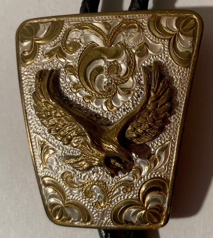 Vintage Metal Bolo Tie, Silver and Grass, Crumrine, Eagle, Nature, Nice Design, Quality, Heavy Duty, 1 3/4" x 1 1/2", Made in USA, Country & Western, Cowboy, Western Wear, Horse, Apparel, Accessory, Tie, Nice Quality Fashion
