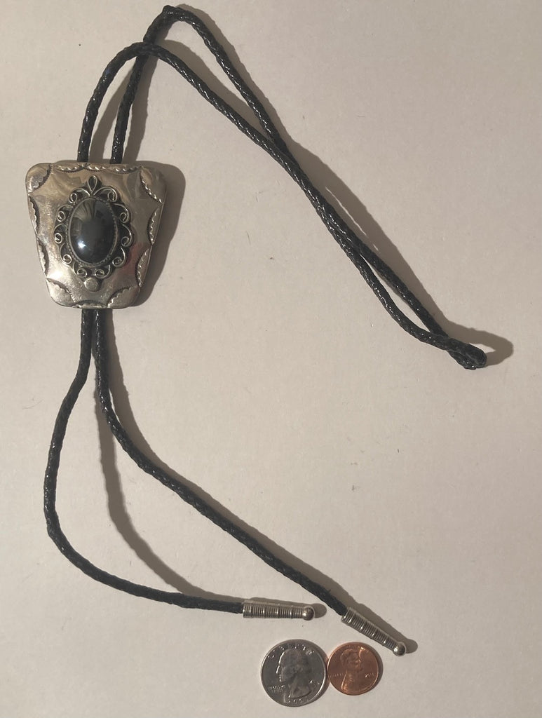 Vintage Metal Bolo Tie, Silver with Nice Black Stone, Nice Design, Quality, Heavy Duty, 2 1/4" x 2", Made in USA, Country & Western, Cowboy, Western Wear, Horse, Apparel, Accessory, Tie, Nice Quality Fashion,