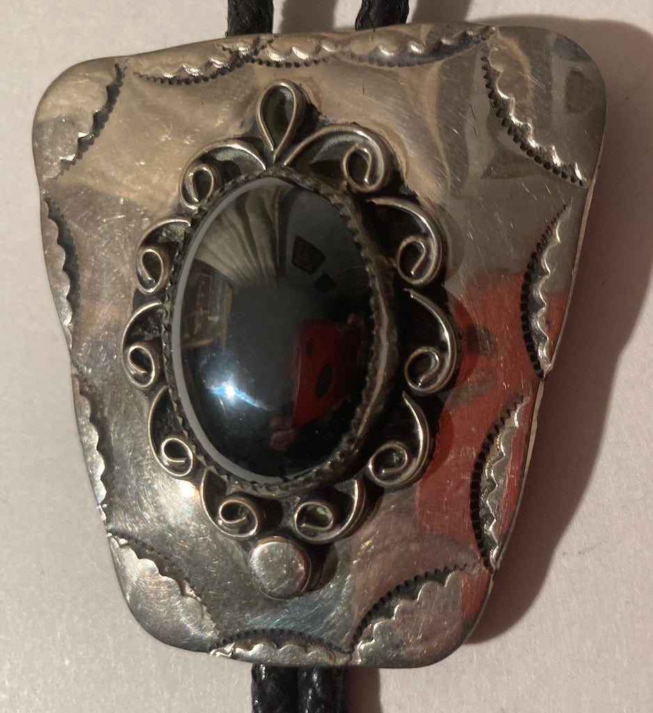 Vintage Metal Bolo Tie, Silver with Nice Black Stone, Nice Design, Quality, Heavy Duty, 2 1/4" x 2", Made in USA, Country & Western, Cowboy, Western Wear, Horse, Apparel, Accessory, Tie, Nice Quality Fashion,