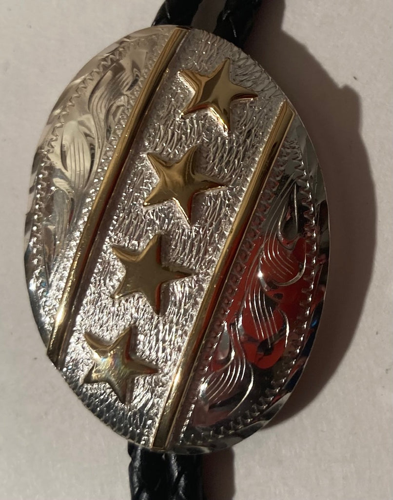 Vintage Metal Bolo Tie, Silver and Brass, Stars, Nice Design, Quality, Heavy Duty, 2" x 1 1/2", Made in Mexico, Country & Western, Cowboy, Western Wear, Horse, Apparel, Accessory, Tie, Nice Quality Fashion,