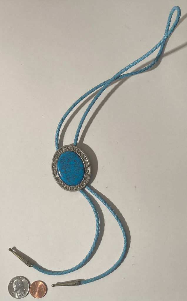 Vintage Metal Bolo Tie, Nice Silver Blue Turquoise Stone Design, Native Style, Nice Design, Quality, Heavy Duty, 2" x 1 3/4", Made in USA, Country & Western, Cowboy, Western Wear, Horse, Apparel, Accessory, Tie, Nice Quality Fashion