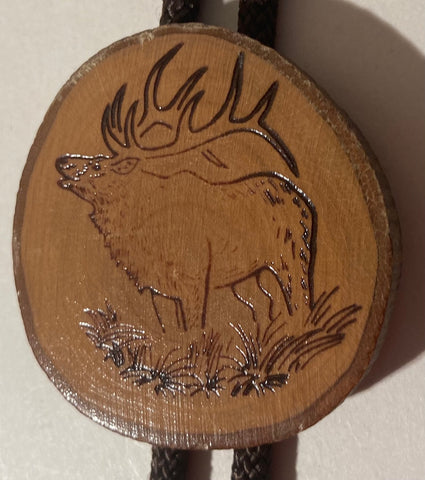 Vintage Metal Bolo Tie, Nice Wooden Elk Design, Deer, Wildlife, Nice Design, 2" x 2", Nice Design, Quality, Heavy Duty, Made in USA, Country & Western, Cowboy, Western Wear, Horse, Apparel, Accessory, Tie, Nice Quality Fashion