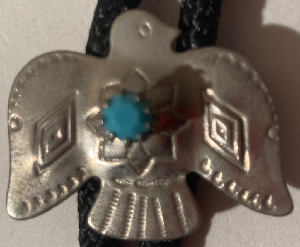 Vintage Metal Bolo Tie, Silver Bird with Blue Stone, Nice Design, Quality, Heavy Duty, 1 1/4" x 1", Made in USA, Country & Western, Cowboy, Western Wear, Horse, Apparel, Accessory, Tie, Nice Quality Fashion
