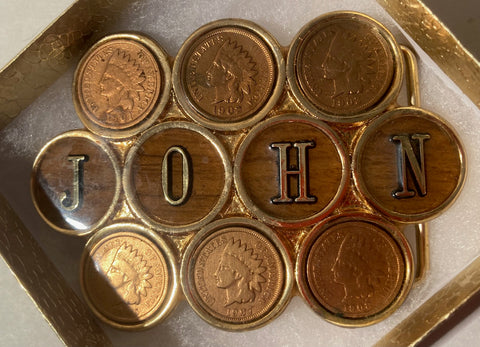 Vintage Metal Belt Buckle, Brass, Liberty Dimes, Coins, John, Johnathon, Money, Thick Epoxy Design, Nice Design, 3 3/4" x 2 1/2", Heavy Duty, Quality, Thick Metal, Made in USA, For Belts, Fashion, Shelf Display, Western Wear, Southwest, Country, Fun, Nice