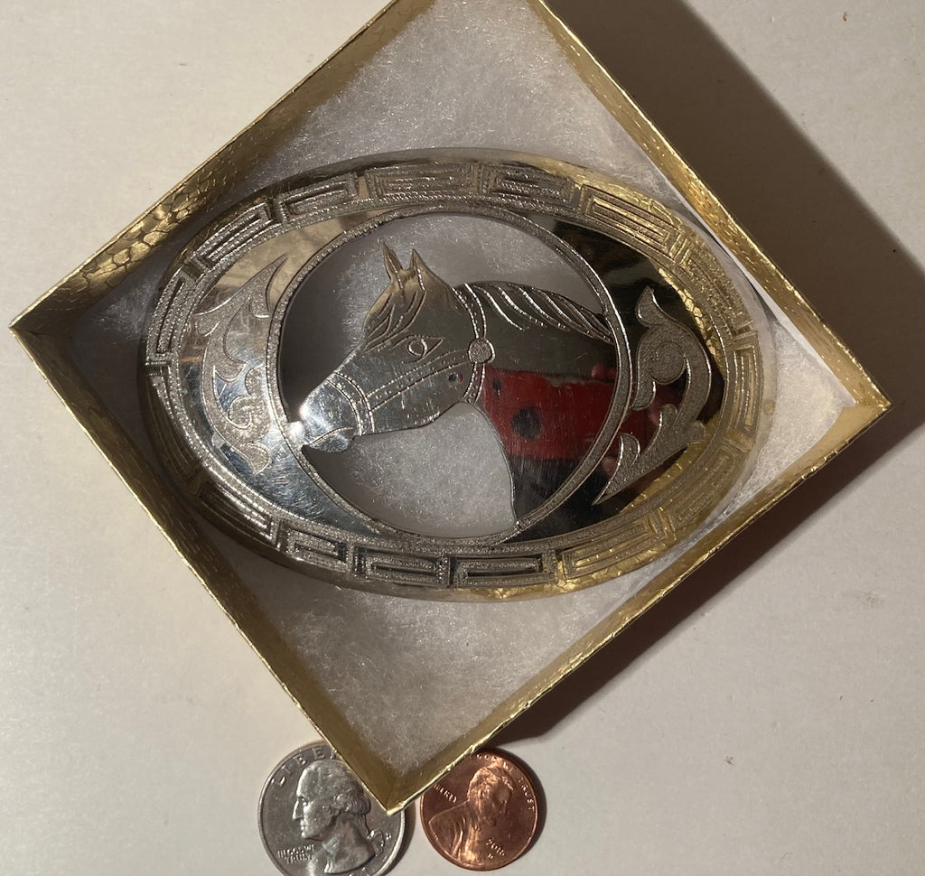 Vintage Metal Belt Buckle, Horse, Nice Western Style Design, 4" x 2 3/4", Heavy Duty, Quality, Thick Metal, Made in USA, For Belts, Fashion, Shelf Display, Western Wear, Southwest, Country, Fun, Nice