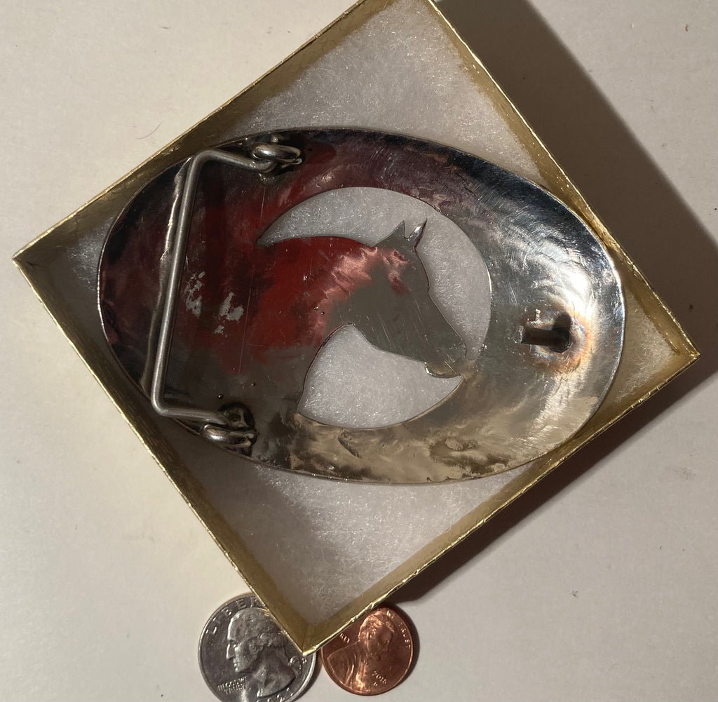 Vintage Metal Belt Buckle, Horse, Nice Western Style Design, 4" x 2 3/4", Heavy Duty, Quality, Thick Metal, Made in USA, For Belts, Fashion, Shelf Display, Western Wear, Southwest, Country, Fun, Nice