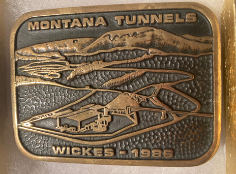 Vintage 1986 Metal Belt Buckle, Brass, Montana Tunnels, Wickes, Abandoned Railroad Tunnel, Nice Design, 3 1/4" x 2 1/2", Heavy Duty, Quality, Thick Metal, Made in USA, For Belts, Fashion, Shelf Display, Western Wear, Southwest, Country, Fun, Nice