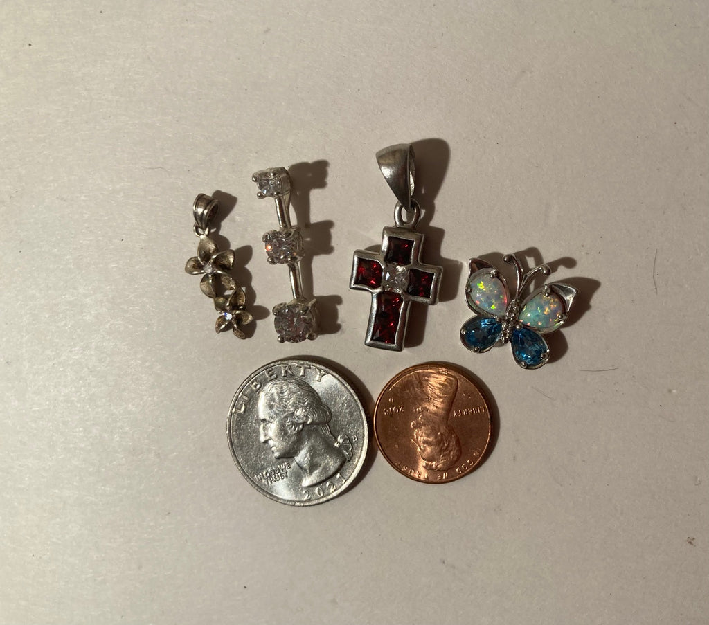 4 Vintage Sterling Silver 925 Metal Pendants, Charms, Cross, Crucifix, Red, Religious Symbol, Butterfly, More, Nice Designs, Pendants for Necklace, Bracelet, Ankle, Fashion, Quality, Precious Metal, Nice, Heavy Duty, Stamped 925 On Back