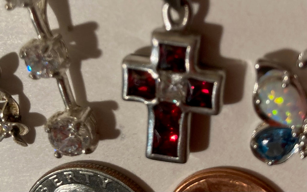 4 Vintage Sterling Silver 925 Metal Pendants, Charms, Cross, Crucifix, Red, Religious Symbol, Butterfly, More, Nice Designs, Pendants for Necklace, Bracelet, Ankle, Fashion, Quality, Precious Metal, Nice, Heavy Duty, Stamped 925 On Back