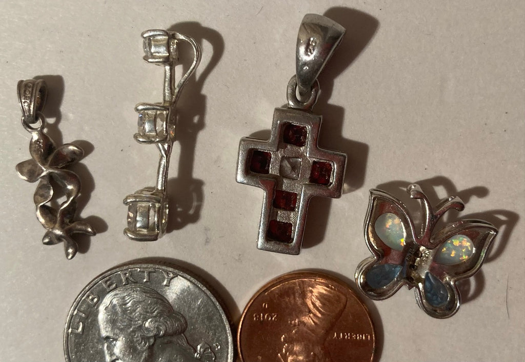 4 Vintage Sterling Silver 925 Metal Pendants, Charms, Cross, Crucifix, Red, Religious Symbol, Butterfly, More, Nice Designs, Pendants for Necklace, Bracelet, Ankle, Fashion, Quality, Precious Metal, Nice, Heavy Duty, Stamped 925 On Back