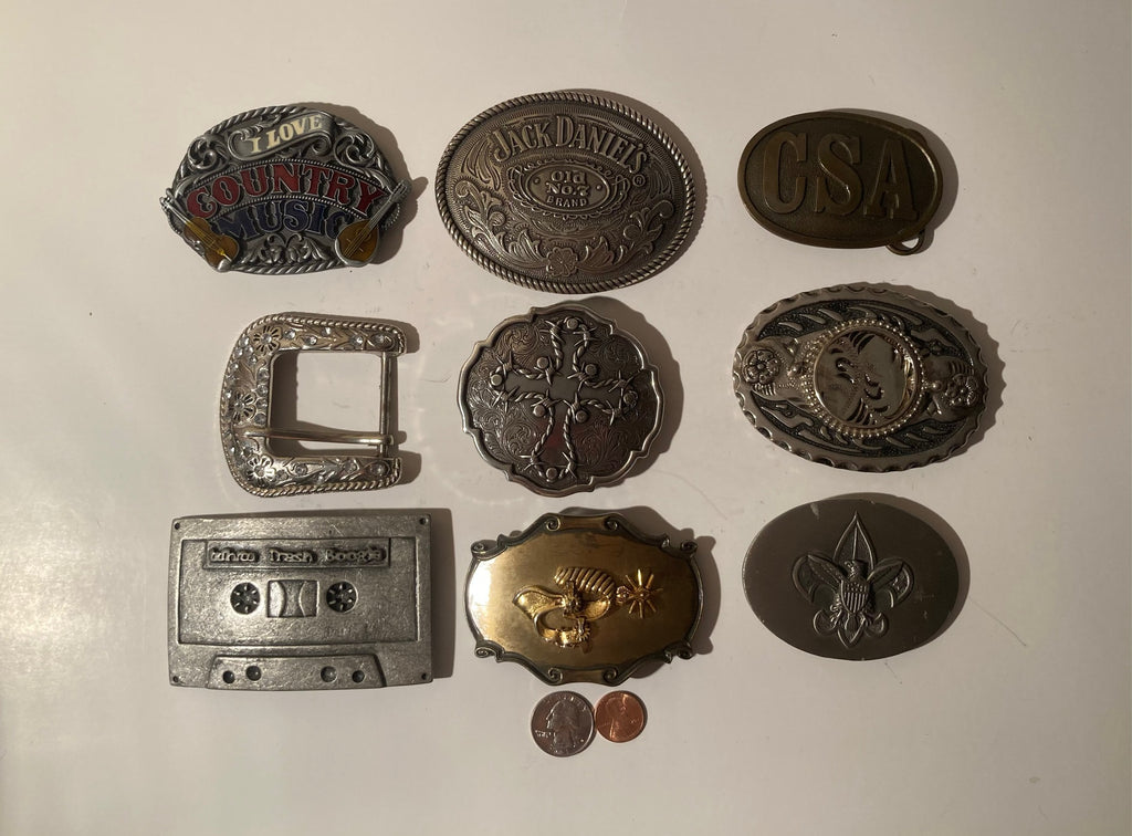 Vintage Lot of 9 Nice Western Style Belt Buckles, Country Music, Jack Daniels, Coin Holder, Rodeo, Country & Western, Art, Resell, Made in USA, For Belts, Fashion, Shelf Display, Nice Belt Buckles, Wholesale,