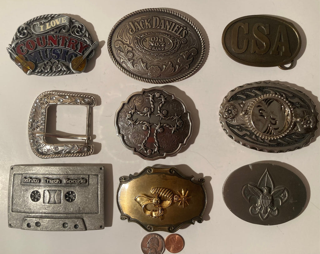 Vintage Lot of 9 Nice Western Style Belt Buckles, Country Music, Jack Daniels, Coin Holder, Rodeo, Country & Western, Art, Resell, Made in USA, For Belts, Fashion, Shelf Display, Nice Belt Buckles, Wholesale,