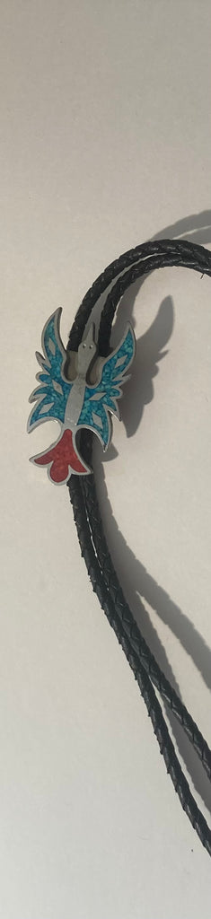 Vintage Metal Bolo Tie, Silver and Blue and Red Stone Design