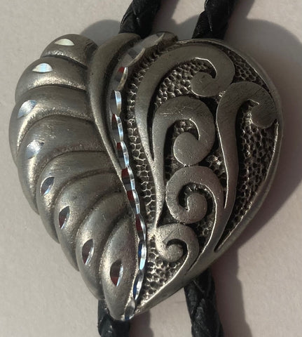 Vintage Metal Bolo Tie, Nice Pewter Heart Design, Etched, Native Design, 1 1/2" x 1 1/2", Nice Design, Quality, Heavy Duty, Made in USA, Country & Western, Cowboy, Western Wear, Horse, Apparel, Accessory, Tie, Nice Quality Fashion