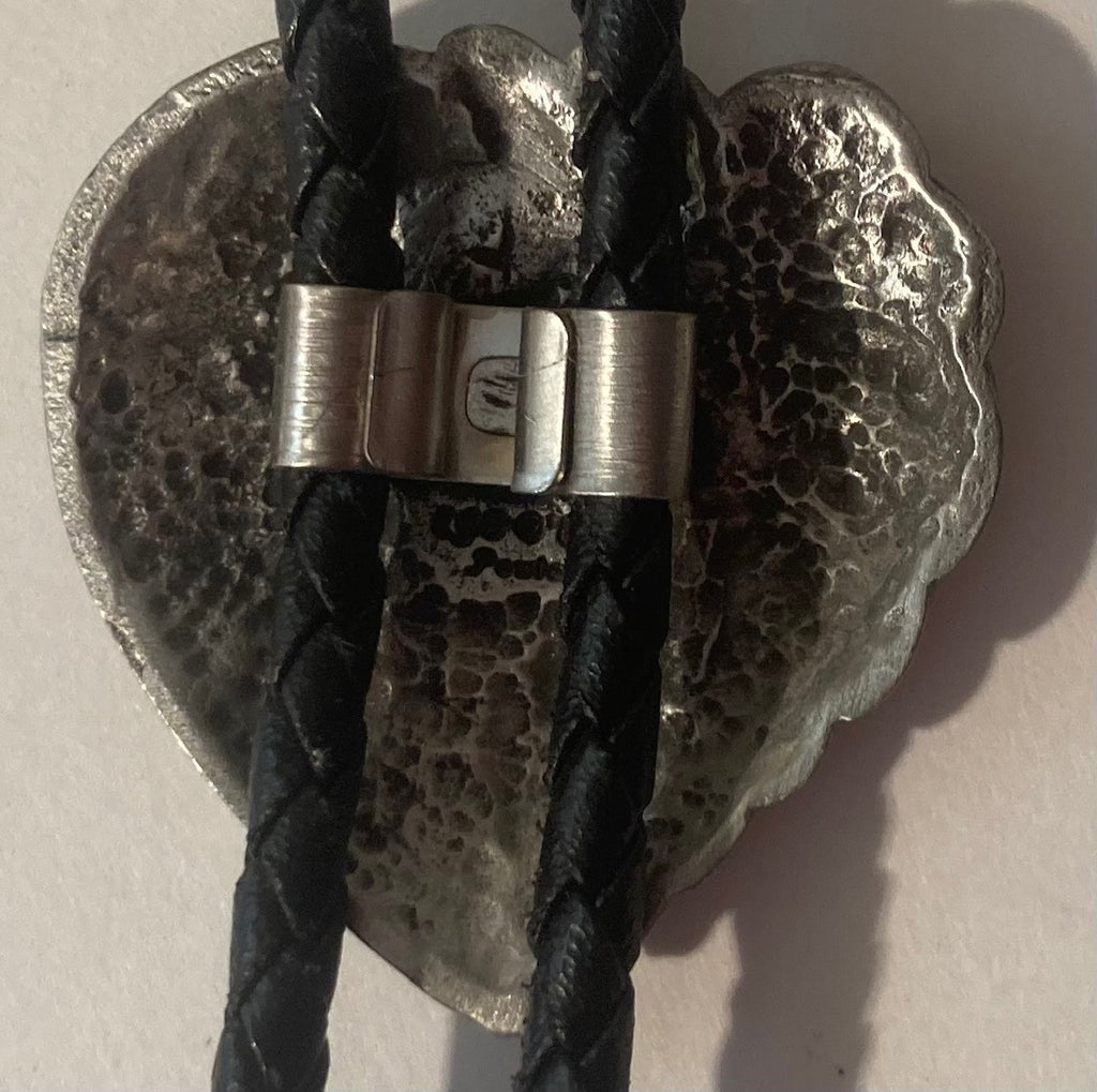 Vintage Metal Bolo Tie, Nice Pewter Heart Design, Etched, Native Design, 1 1/2" x 1 1/2", Nice Design, Quality, Heavy Duty, Made in USA, Country & Western, Cowboy, Western Wear, Horse, Apparel, Accessory, Tie, Nice Quality Fashion