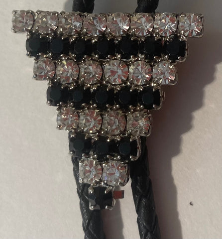 Vintage Metal Bolo Tie, Nice Silver and Crystal Stones Design, Triangle, Native Design, 1 1/4" x 1 1/4", Nice Design, Quality, Heavy Duty, Made in USA, Country & Western, Cowboy, Western Wear, Horse, Apparel, Accessory, Tie, Nice Quality Fashion