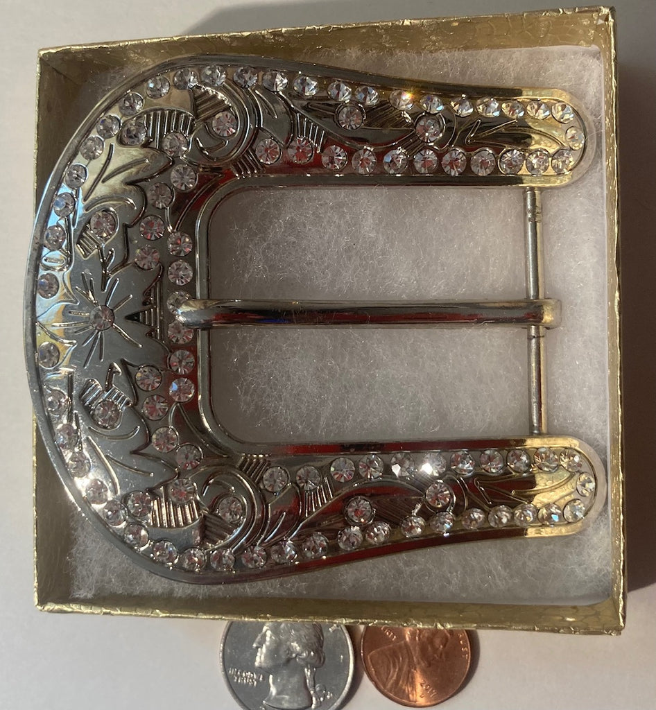 Vintage Metal Belt Buckle, Nice Sparkling Stones Style Design, 3 1/2" x 3 1/4", Heavy Duty, Quality, Thick Metal, Made in USA, For Belts, Fashion, Shelf Display, Western Wear, Southwest, Country, Fun, Nice