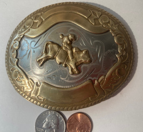 Vintage Metal Belt Buckle, German Silver and Brass, Bull Riding, Rodeo, Nice Western Style Design, 4" x 3 1/4", Heavy Duty, Quality, Thick Metal, Made in USA, For Belts, Fashion, Shelf Display, Western Wear, Southwest, Country, Fun, Nice