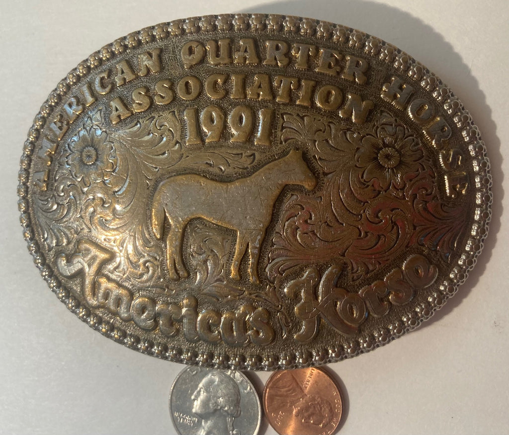 Vintage 1991 Metal Belt Buckle, American Quarter Horse Association, Rodeo, Horseshoe, Nice Western Style Design, 4 1/4" x 3", Heavy Duty, Quality, Thick Metal, Made in USA, For Belts, Fashion, Shelf Display, Western Wear, Southwest, Country, Fun, Nice
