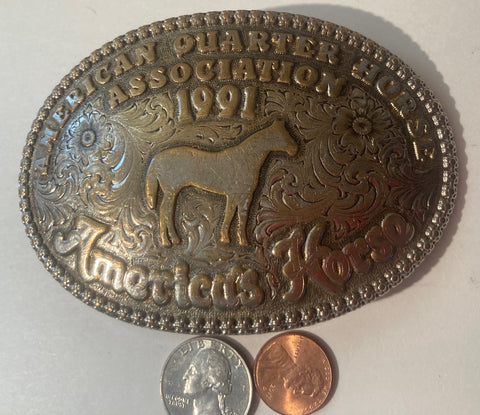 Vintage 1991 Metal Belt Buckle, American Quarter Horse Association, Rodeo, Horseshoe, Nice Western Style Design, 4 1/4" x 3", Heavy Duty, Quality, Thick Metal, Made in USA, For Belts, Fashion, Shelf Display, Western Wear, Southwest, Country, Fun, Nice