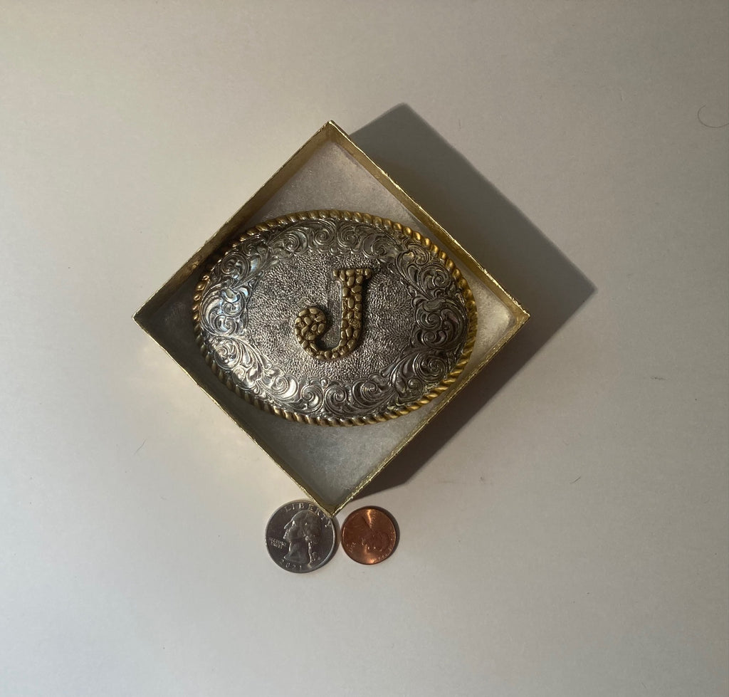 Vintage Metal Belt Buckle, Silver and Brass, Crumrine, Letter J,