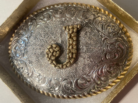 Vintage Metal Belt Buckle, Silver and Brass, Crumrine, Letter J,