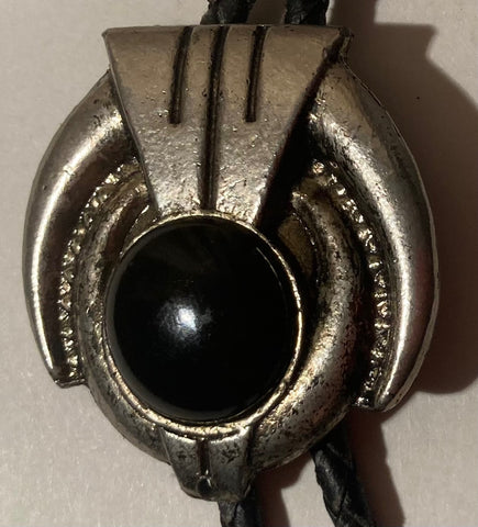 Vintage Metal Bolo Tie, Nice Black Onyx Stone Design,  2" x 1 1/2", Nice Design, Quality, Heavy Duty, Made in USA, Country & Western, Cowboy, Western Wear, Horse, Apparel, Accessory, Tie, Nice Quality Fashion,