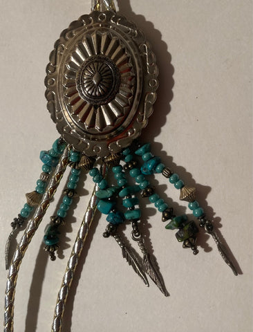 Vintage Metal Bolo Tie, Silver with Nice Blue Turquoise Stones with Feathers, Nice Western Design, 5" x 1 3/4", Quality, Heavy Duty, Made in USA, Country & Western, Cowboy, Western Wear, Horse, Apparel, Accessory, Tie, Nice Quality Fashion,