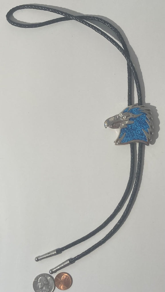 Vintage Metal Bolo Tie, Eagle, Silver with Nice Blue Crushed Turquoise Stone Design