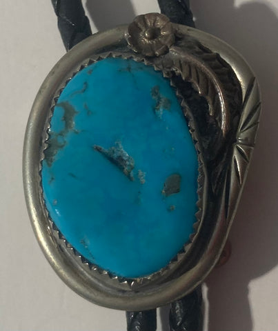 Vintage Metal Bolo Tie, Silver with Nice Blue Turquoise Stone Design
