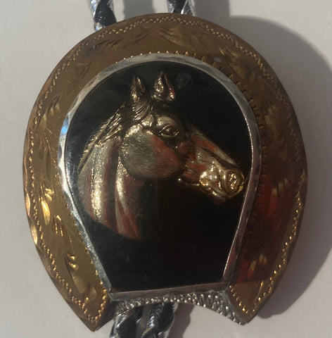 Vintage Metal Bolo Tie, Silver and Brass, Horse, Very Heavy, Nice Western Design