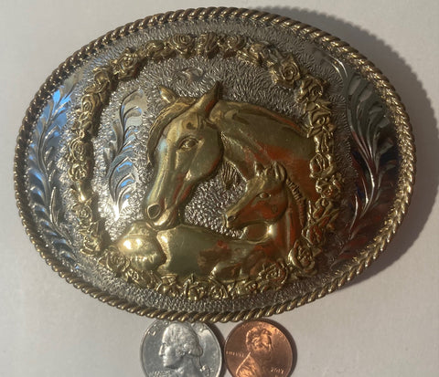 Vintage Metal Belt Buckle, Silver and Brass, Horse and Colt, Hand Engraved, Nice Western Style Design, 4" x 3", Heavy Duty, Quality, Thick Metal, Made in USA, For Belts, Fashion, Shelf Display, Western Wear, Southwest, Country, Fun, Nice